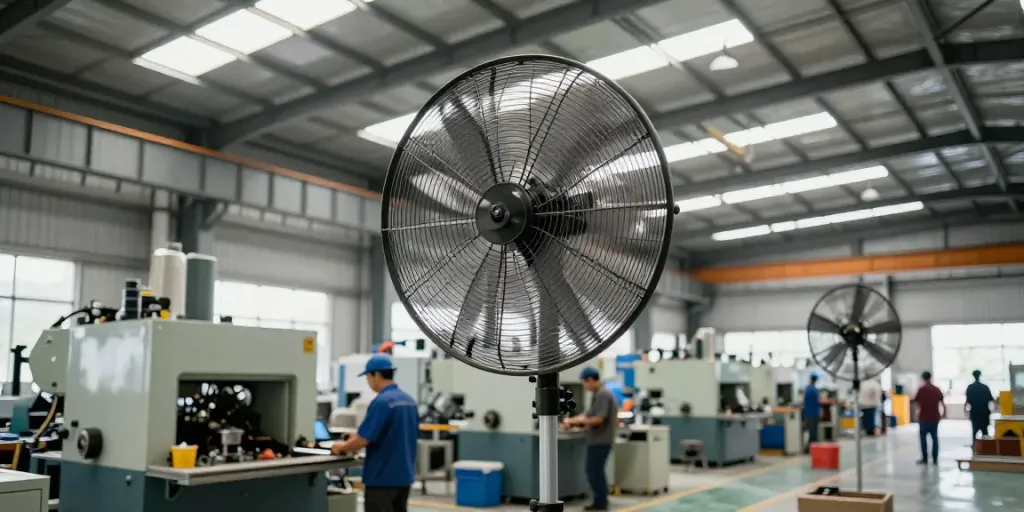 Quạt công nghiệp hoạt động trong nhà máy, giúp thông gió và làm mát cho công nhân.