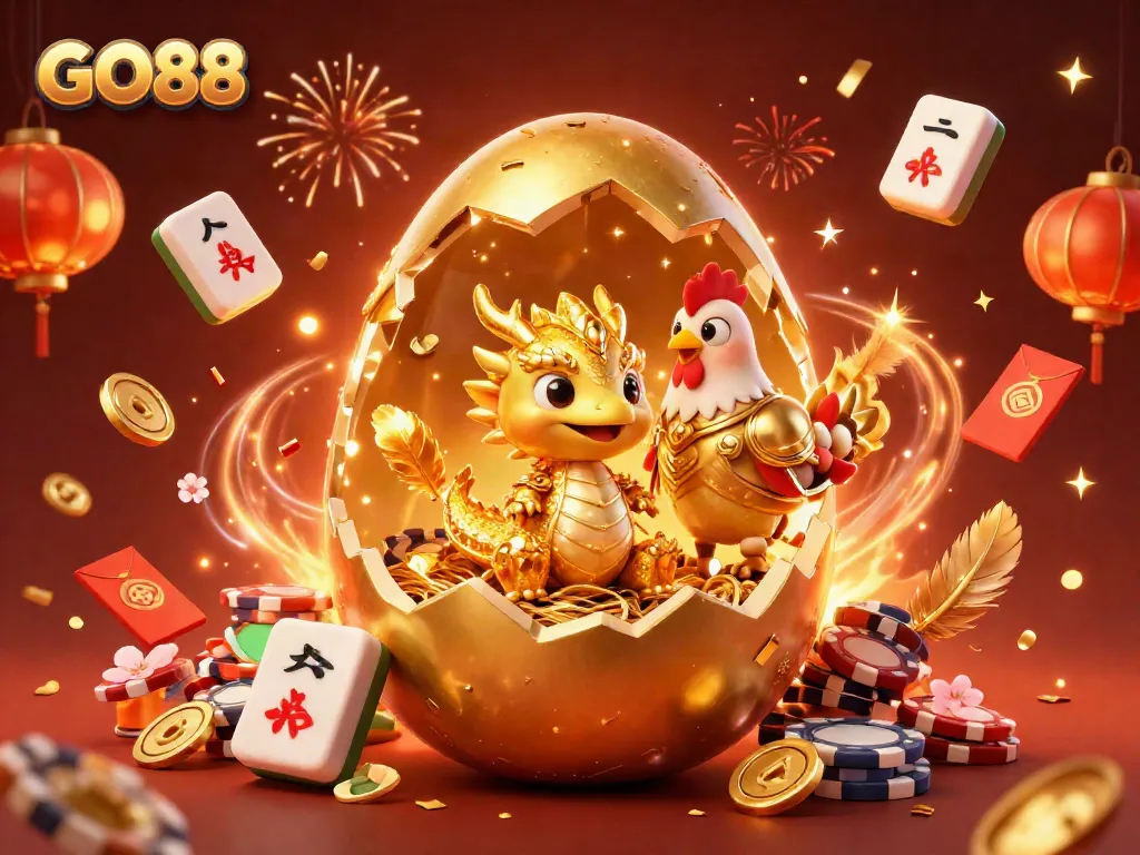 Watch GO88’s golden dragon emerge from poker chips amidst festive casino elements.