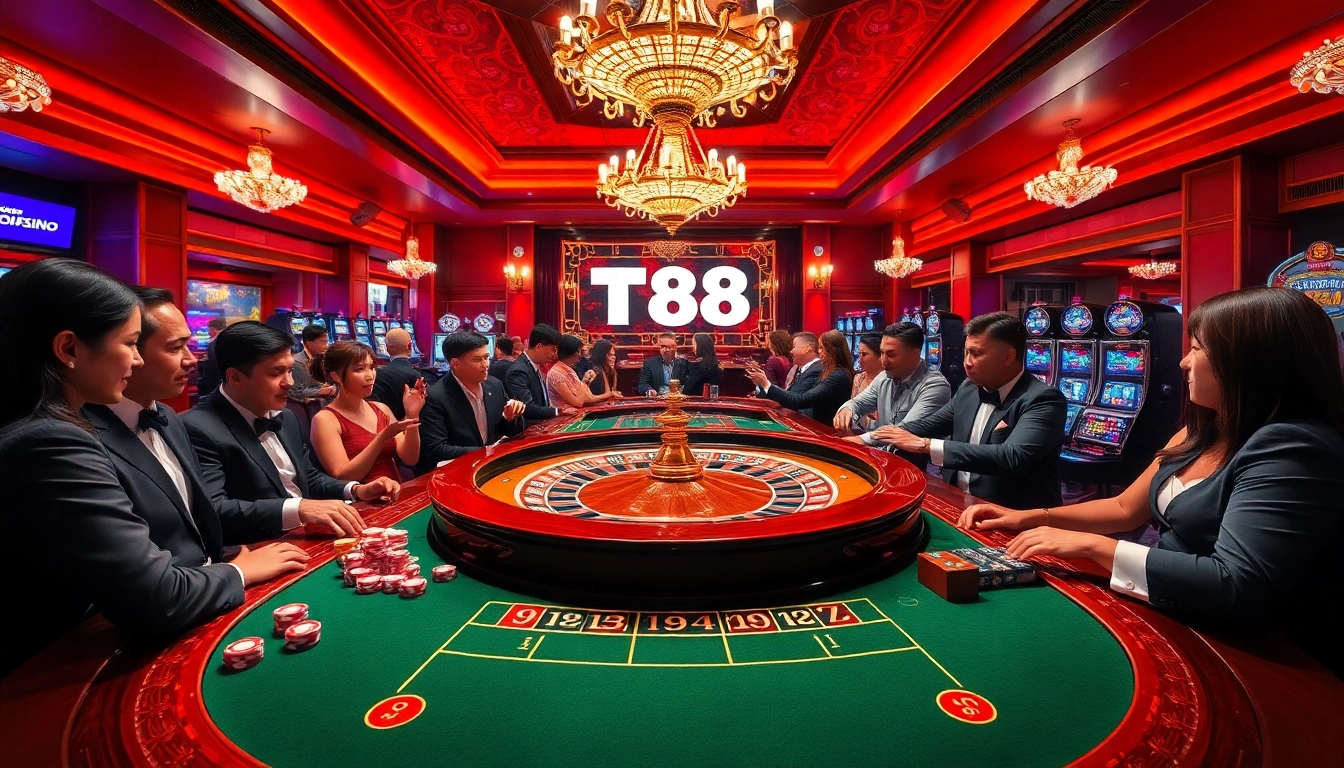 Engage in thrilling casino action with TV88 at a luxurious roulette table surrounded by passionate players.