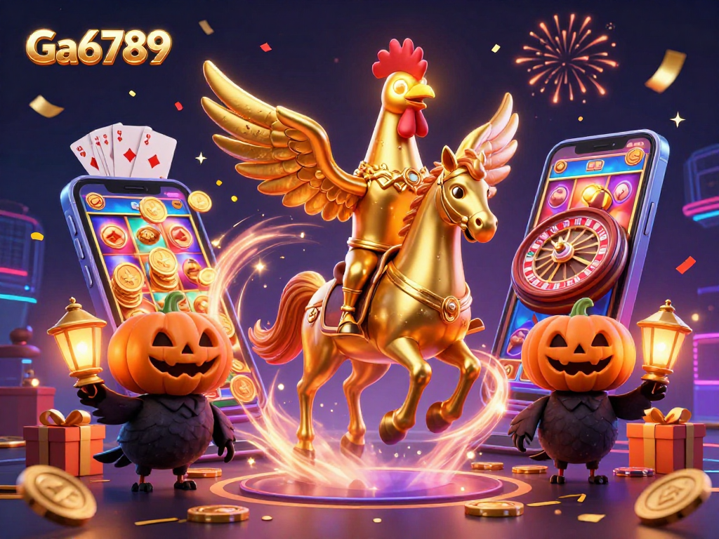 Spin to win with Ga6789's golden rooster and gaming action in a vibrant casino scene.