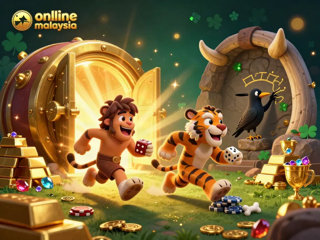 Experience the excitement of online casino malaysia with a lively scene featuring a caveman, sabertooth tiger, and a clever crow.