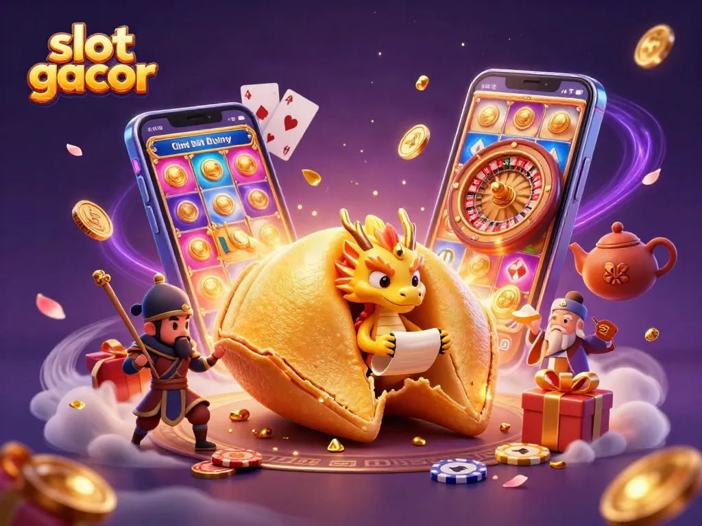 Slot gacor menampilkan ilustrasi kasino 3D dengan naga bijak dan permainan slot yang dinamis.