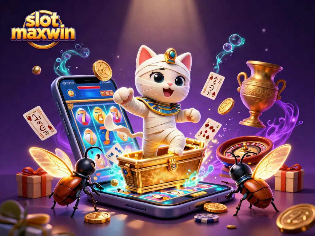 Experience the thrill of slot maxwin with a cartoon Egyptian mummy cat in an adventure-packed casino.