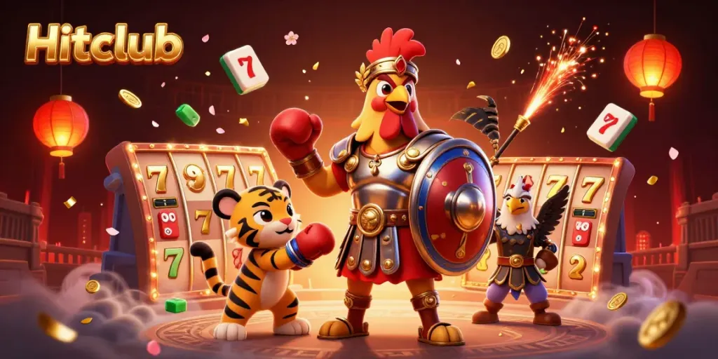 Hitclub showcases a dynamic 3D scene with a gladiator rooster and elements of slots for immersive gaming.