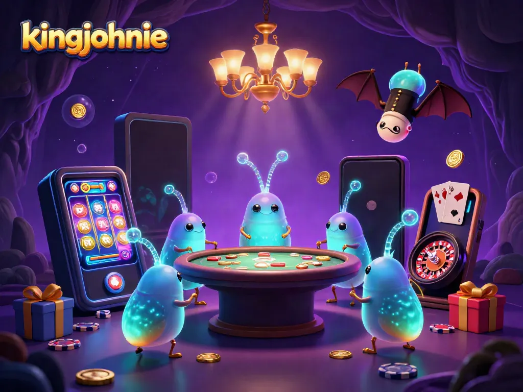 Engage with kingjohnnie casino, showcased by glowworms illuminating a vibrant cave casino scene.