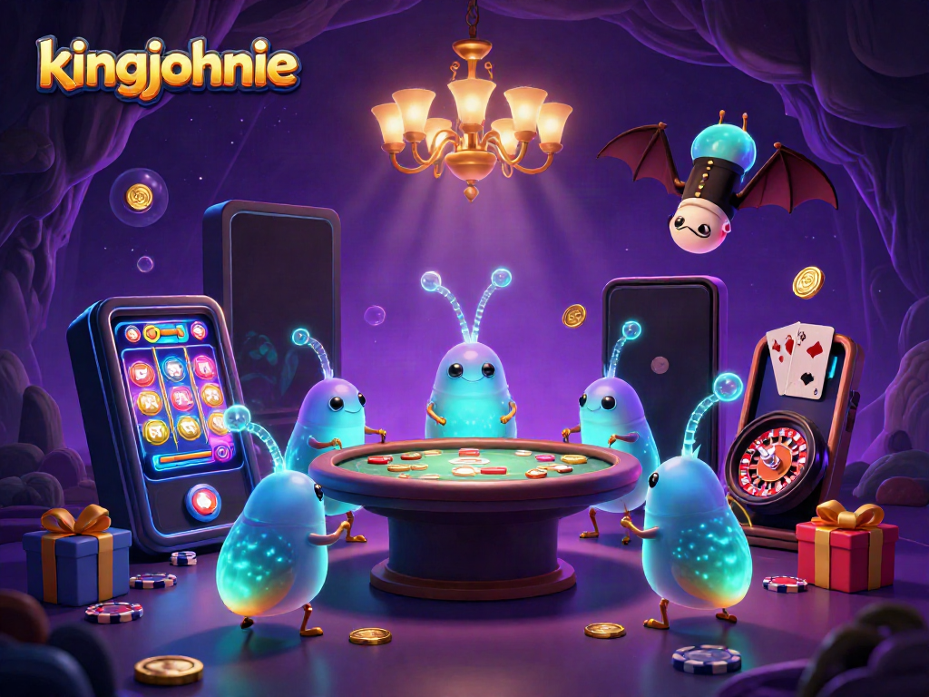 Engage with kingjohnnie casino, showcased by glowworms illuminating a vibrant cave casino scene.