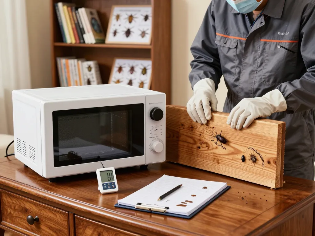 Tecnico professionista che esegue il trattamento di sterilizzazione microonde coleottero su mobili in legno per eliminare efficacemente i parassiti.