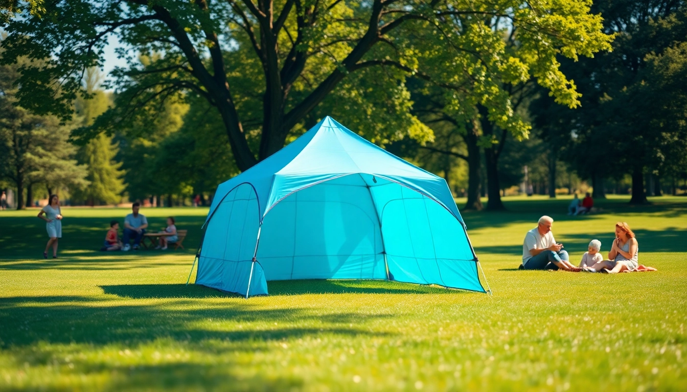 Enjoying a vibrant canopy tent for outdoor shade, surrounded by families in a sunny park.