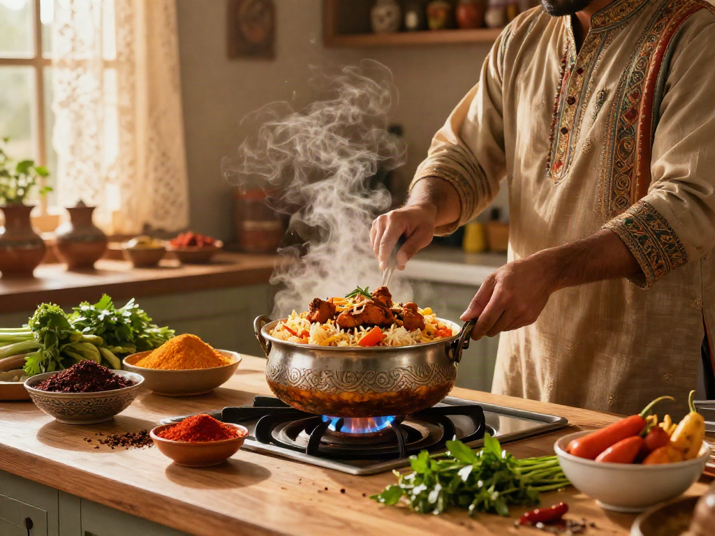 Authentic Pakistani chicken biryani being prepared in a cozy kitchen filled with spices and fresh ingredients.