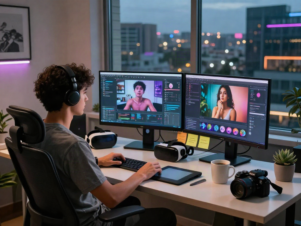 Dynamic workspace showcasing nsfw ai technology with dual monitors, creative props, and vibrant city view.