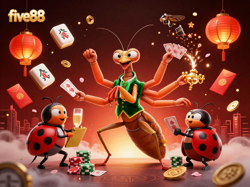 five88 highlights an animated casino scene with a mantis card sharp and ladybug pit boss