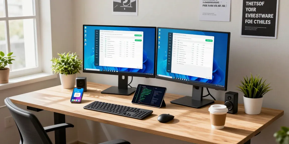 Engaging workspace showcasing WhatsApp電腦版 features on dual monitors in a bright office.