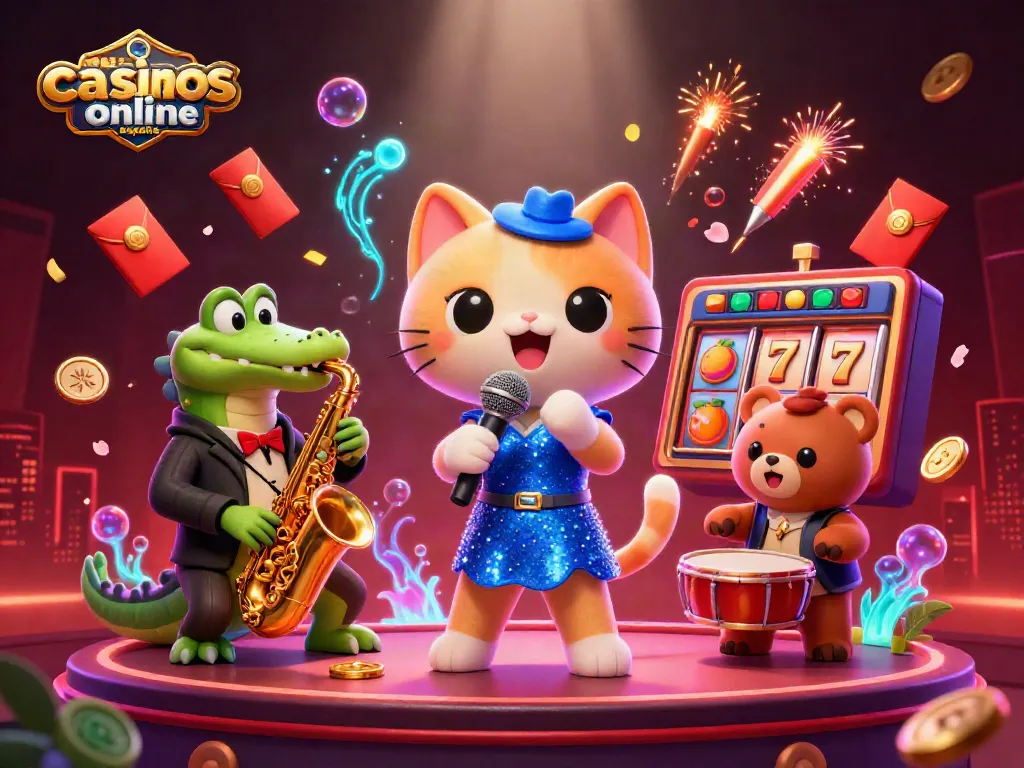 Impresionante ilustración 3D de un gato cantante en un casino, representando los mejores casinos online en España