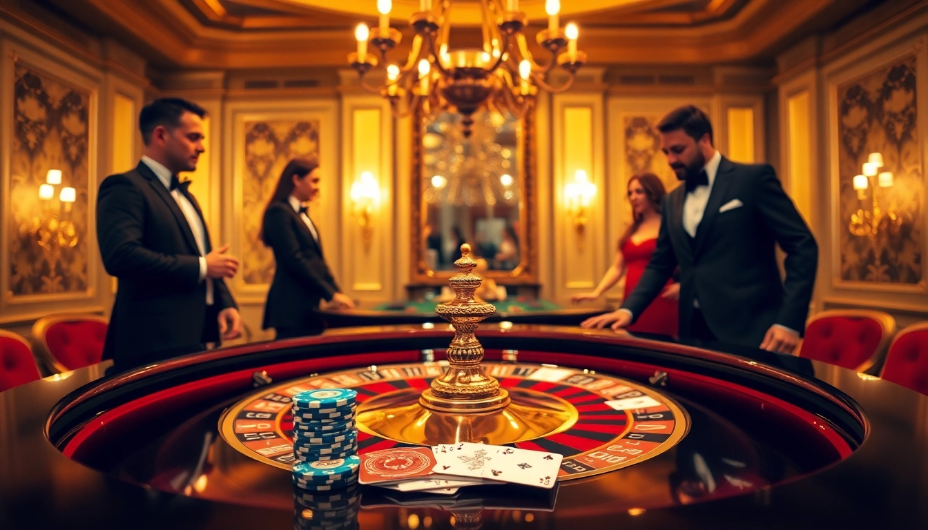 Scène captivante de casino en ligne France montrant des joueurs à une table de roulette avec des jetons de poker vibrants.