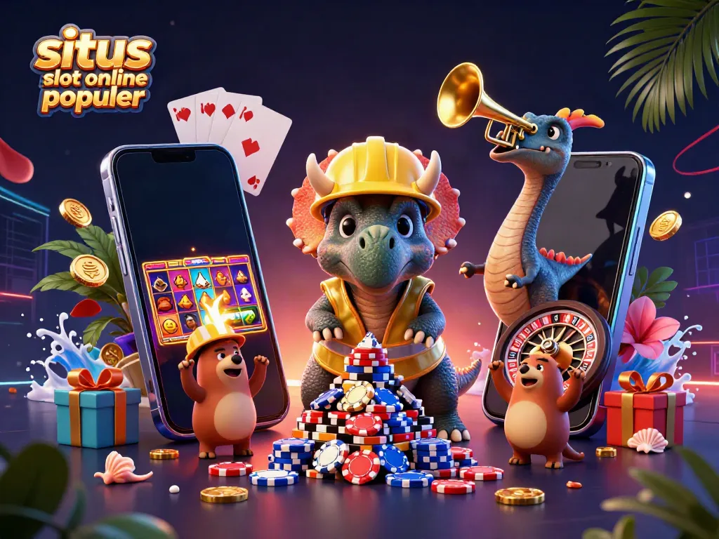 Permainan situs slot online populer diilustrasikan dengan triceratops membangun tumpukan chip poker di tengah sambutan dari parasaurolophus.