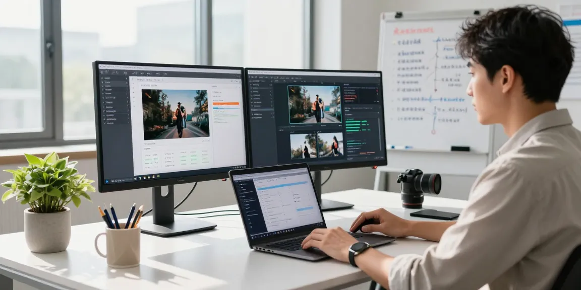 AI image checker interface in a modern workspace with a data scientist analyzing image authenticity.