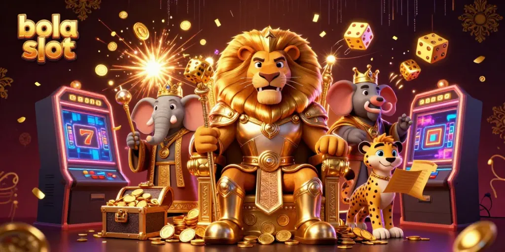 Engage in the exciting world of bola slot with a royal lion king surrounded by vibrant casino elements.