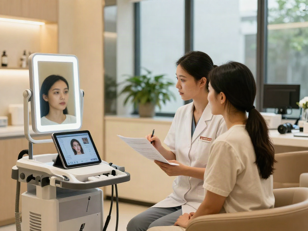 Consultation on ClinicEvo vs QOVES facial analysis with professional equipment.