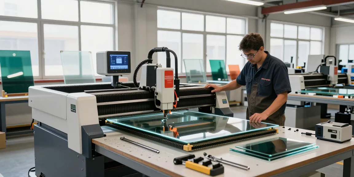 CNC glass cutting machine in a modern workshop environment showcasing professional glass processing.
