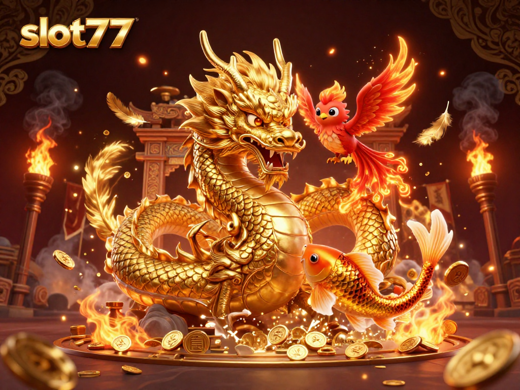 Experience the thrill of slot777 with a dynamic scene featuring a fierce dragon and golden koi fish.
