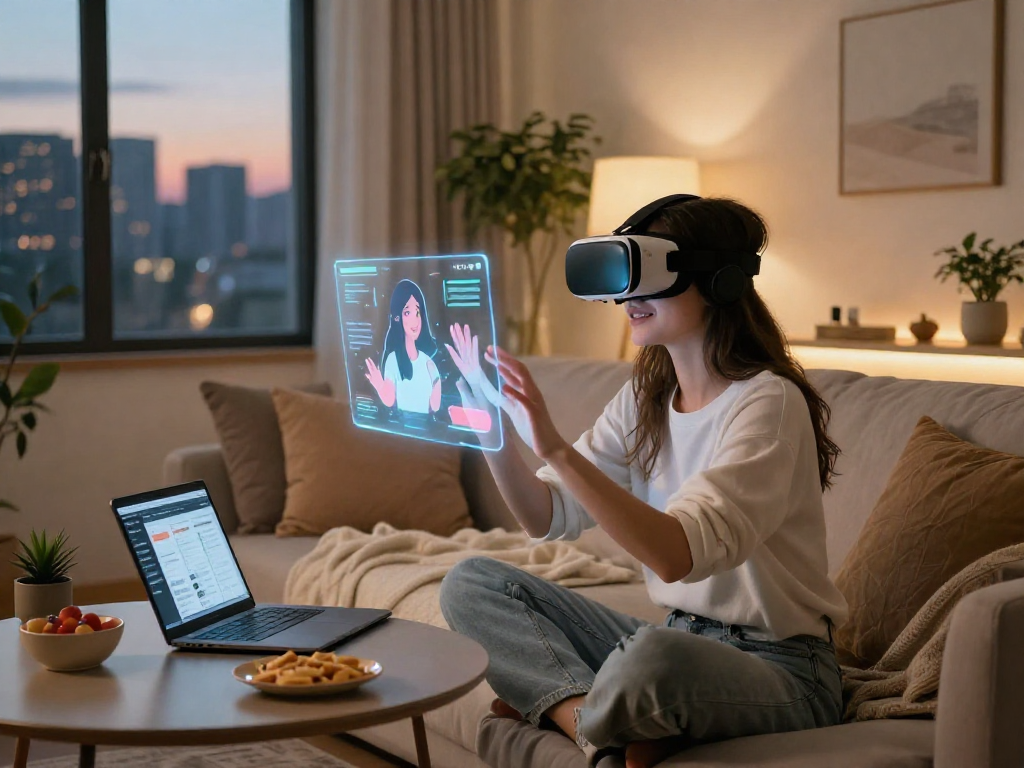 Young woman engaged with AI girlfriend app in a cozy living room, showcasing a warm atmosphere.