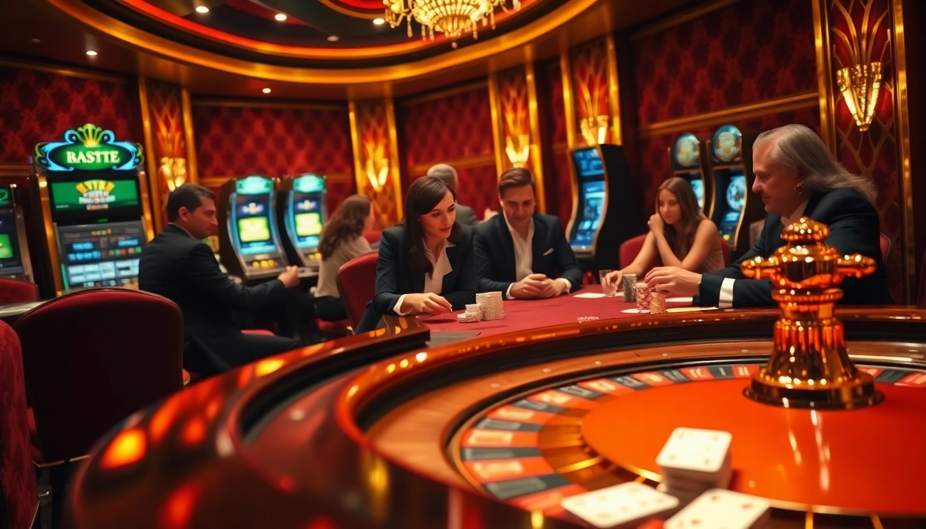 Vivez le frisson des meilleurs casino en ligne avec des joueurs profitant du poker et de la roulette dans un cadre luxueux.