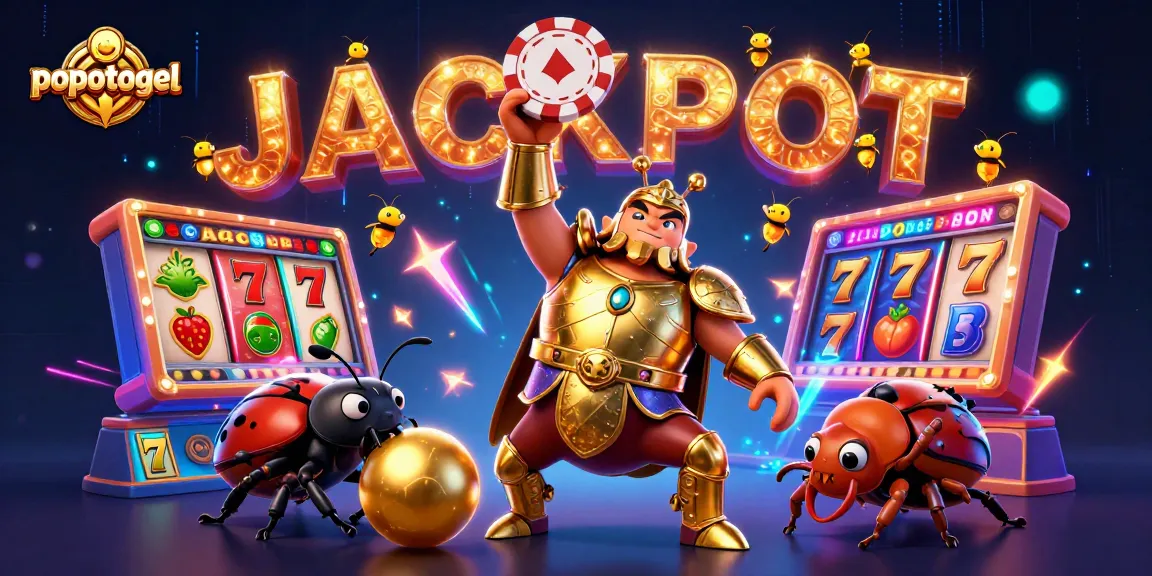 Experience popotogel excitement as a heroic beetle lifts a poker chip under a magical jackpot display.