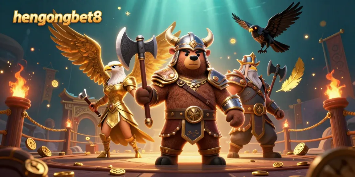 Experience winning moments at hengongbet8 with a vibrant scene of a Viking bear and Valkyrie eagle in a lively gaming atmosphere.