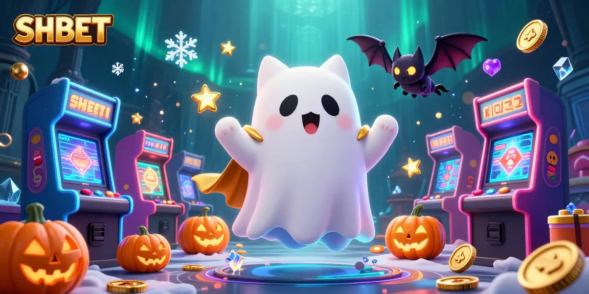 Engage with SHBET's thrilling gaming atmosphere featuring a friendly ghost cat and vibrant arcade elements.