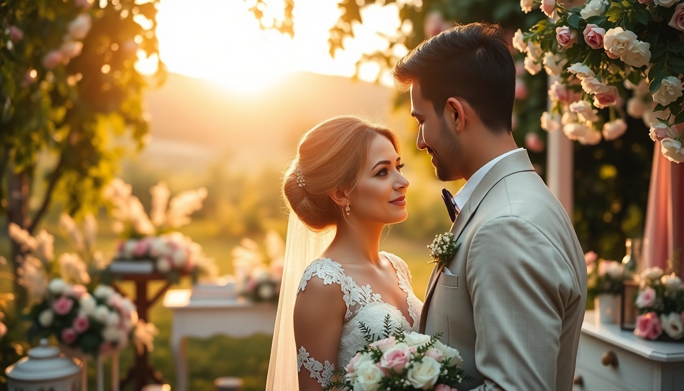 Wedding photography showcasing a couple’s romantic moment in a beautiful outdoor setting.