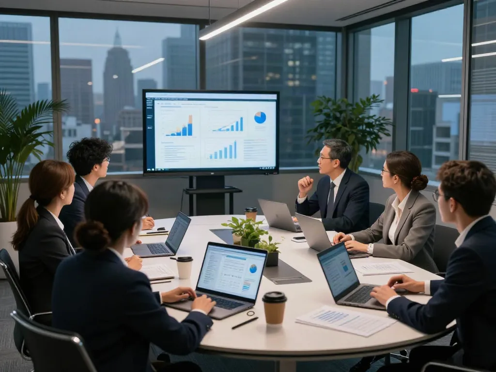 Lead Roedl team collaborating in a modern conference room with city views and data analytics.