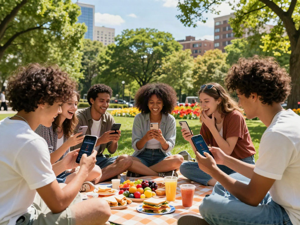Group enjoying an attractive test in the park, comparing smartphone results.