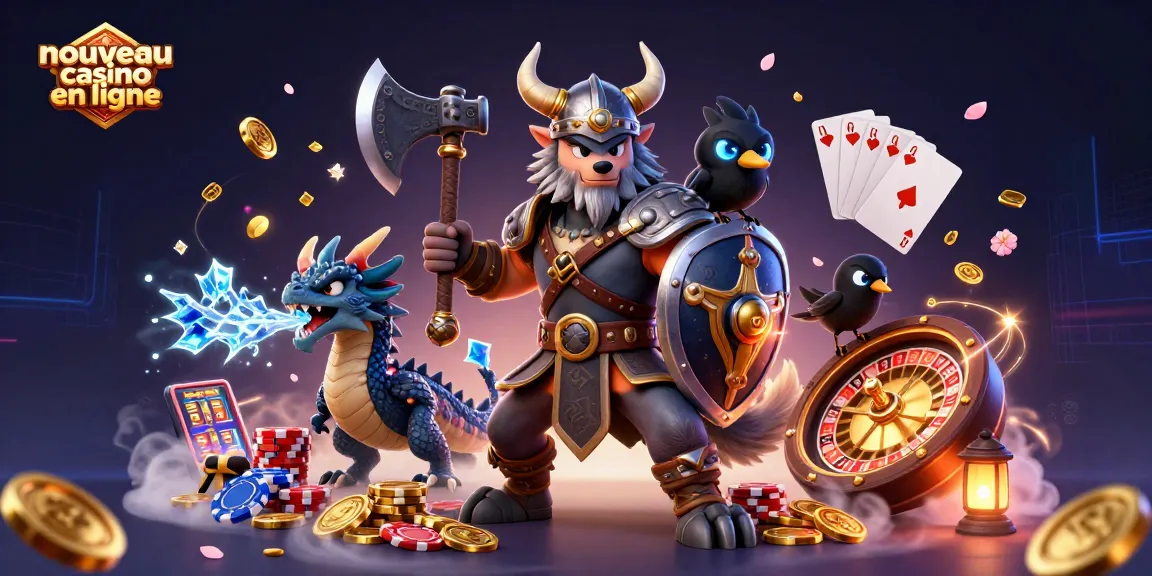 Découvrez le nouveau casino en ligne avec d'impressionnants personnages et éléments de jeu dans une illustration captivante.