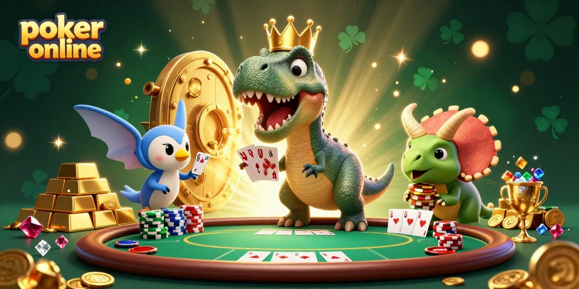 Jouez au poker en ligne avec des personnages amusants, un T-Rex et un Tricératops, entourés d'éléments de jeu captivants.