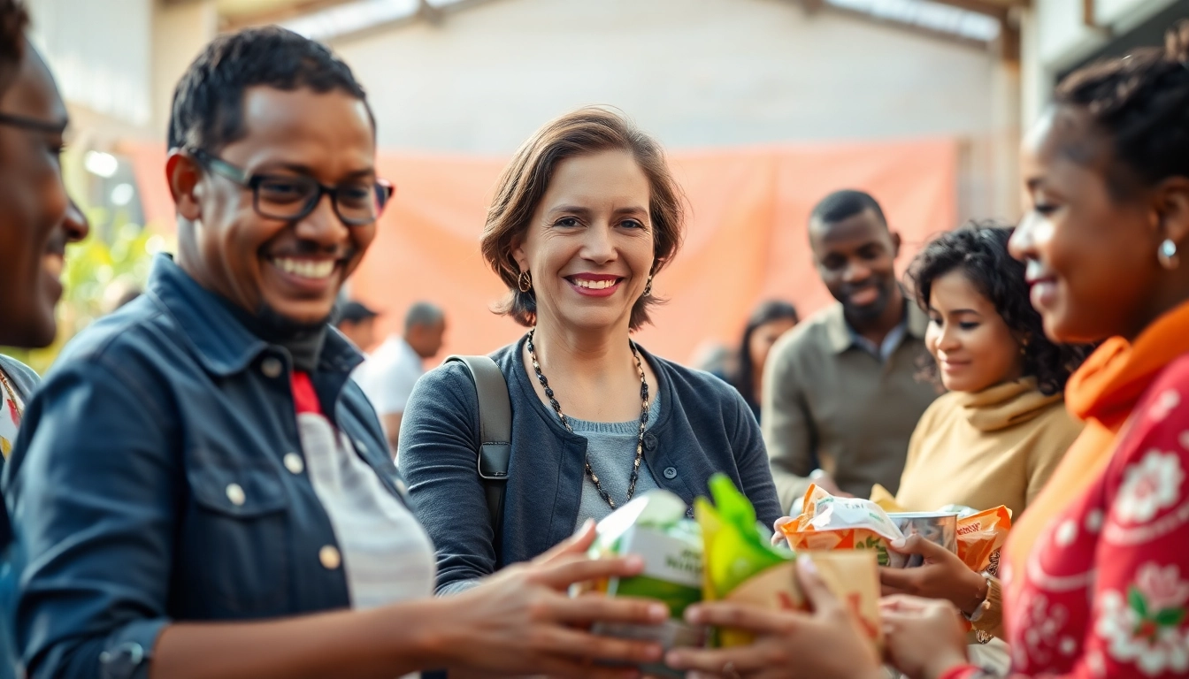 Philanthropist engaging in community service, distributing food to families in need.