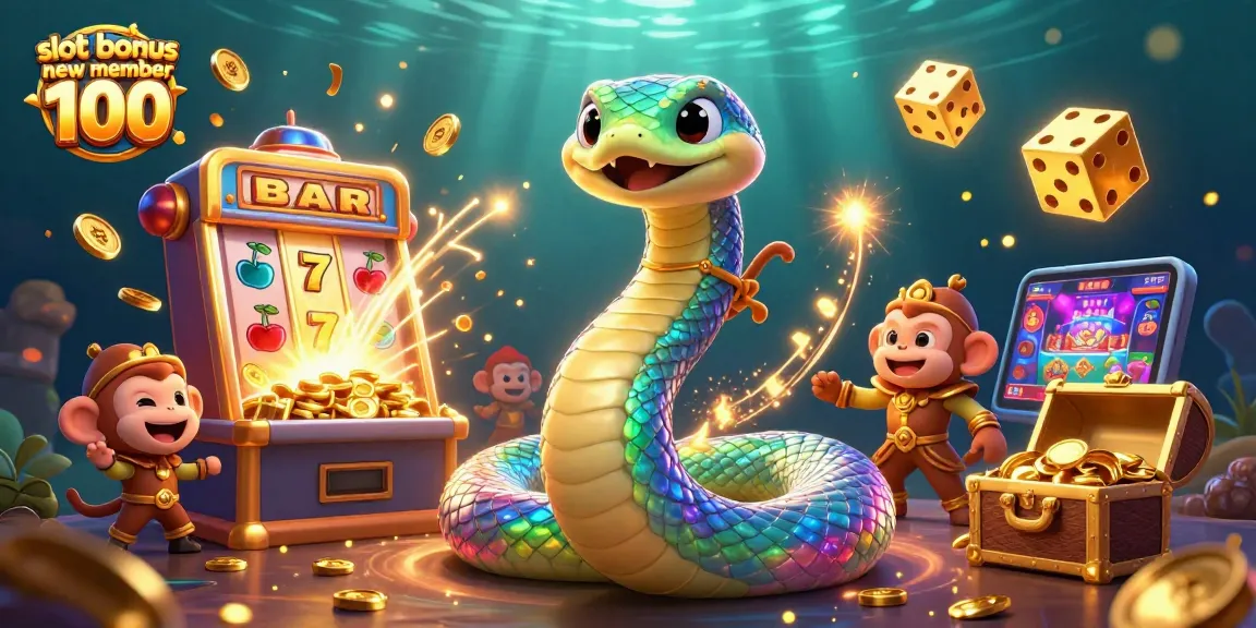 Experience excitement with slot bonus new member 100 in a vibrant 3D casino illustration featuring thrilling game elements.
