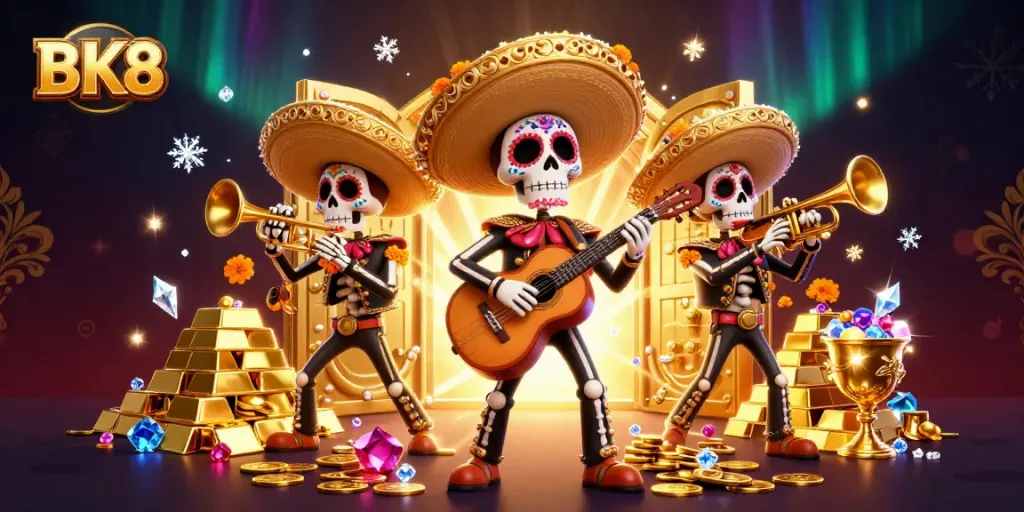 Engage in gaming excitement with BK8's vibrant, ultra-detailed 3D casino illustration featuring a mariachi band.