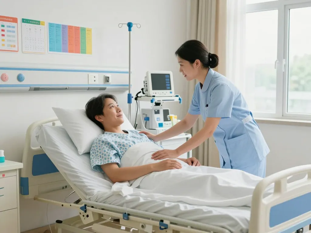 Patient in a giường bệnh nhân receiving care in a warm healthcare setting with a nurse and medical equipment.