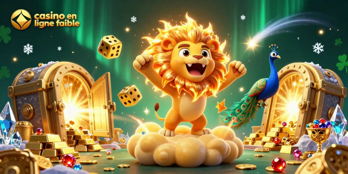 Découvrez notre illustration dynamique de casino en ligne fiable où un lion majestueux symbolise la victoire avec des éléments de trésor fascinants.