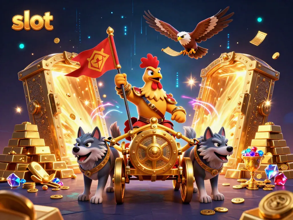 Experience thrilling slot games with a dynamic scene featuring a cartoon rooster warlord and treasures.