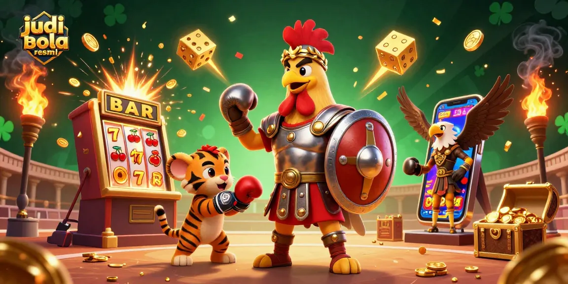 Engage in judi bola resmi with a vibrant 3D scene featuring a gladiator rooster and dynamic casino elements.