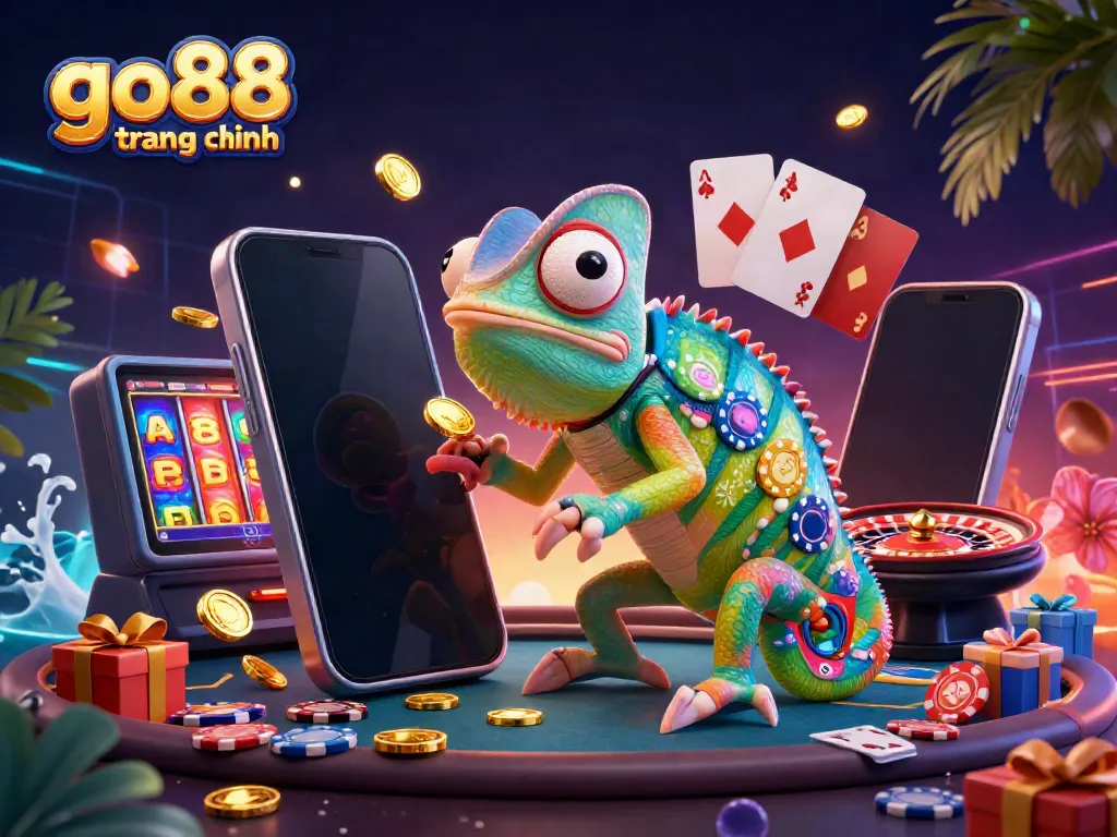 Engage with go88 trang chính as a vibrant chameleon casino owner dazzles with gold coins and colorful gaming elements.