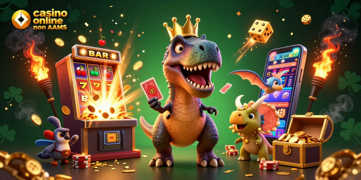 Giocare nei casinò online non AAMS con un T-Rex, un pterodattilo e un triceratopo in un'illustrazione 3D.