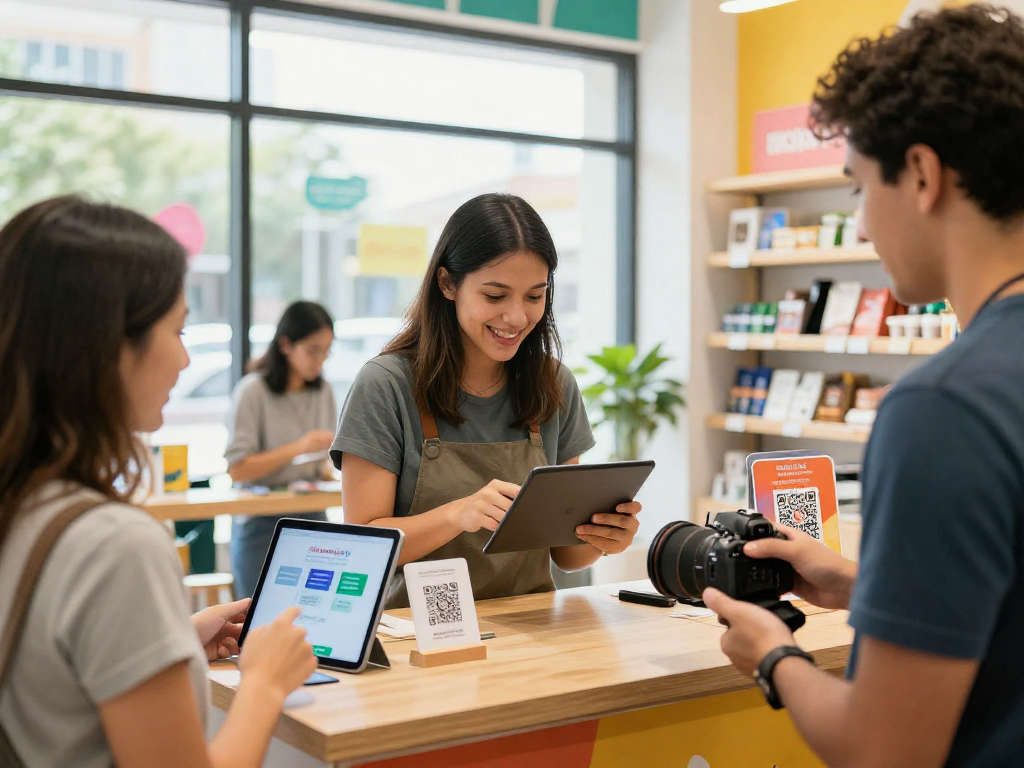 Engaging loyalty program scene showing small business owner and customers using digital loyalty app, focusing on building loyalty.