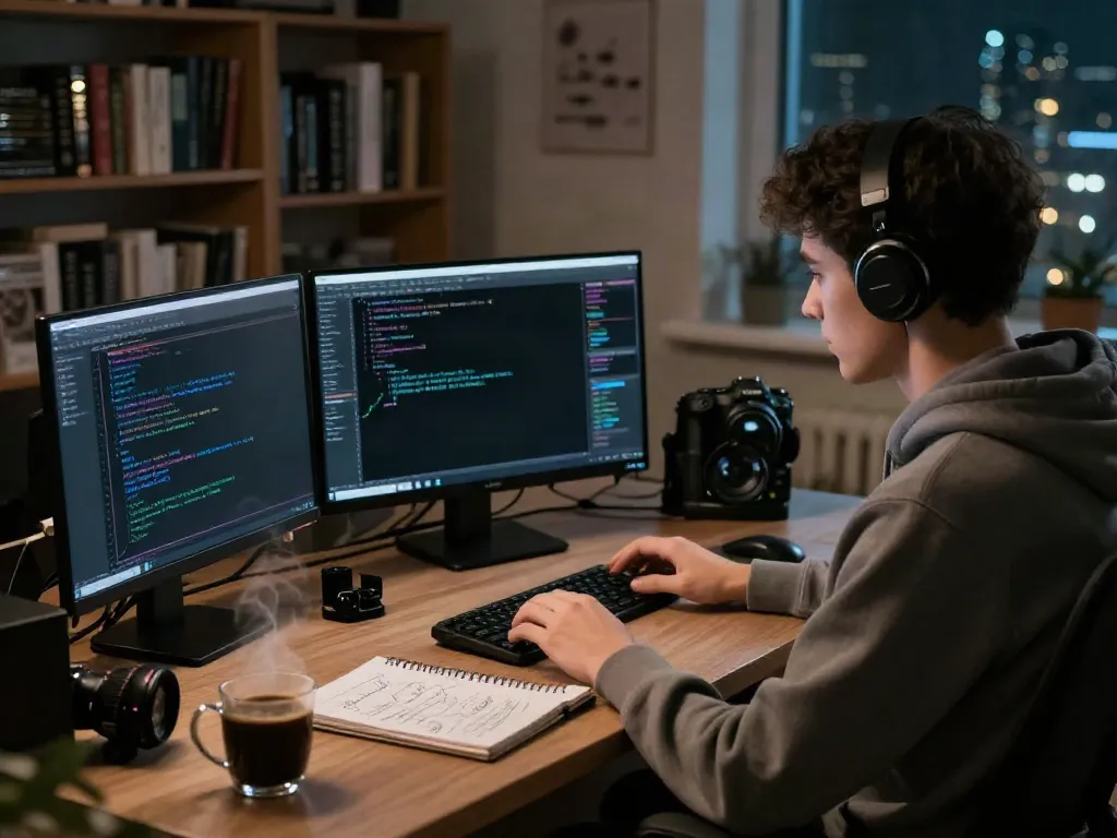 Tech-savvy individual exploring hidden wiki dark web links in a cozy room.