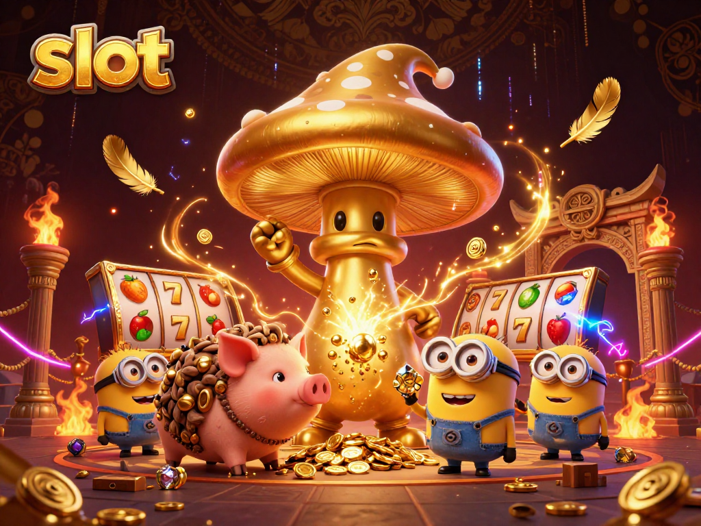 Slot menghadirkan wizard jamur emas raksasa, dengan harta karun berkilau dan elemen kasino yang menarik.