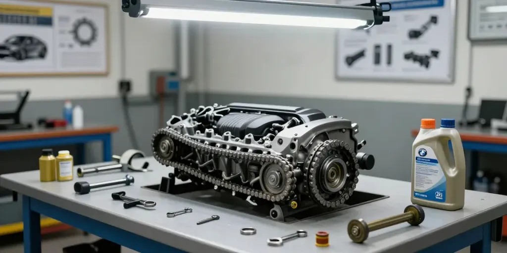 Mechaniker prüft den BMW Steuerkettewechsel in einer gut beleuchteten Werkstatt.