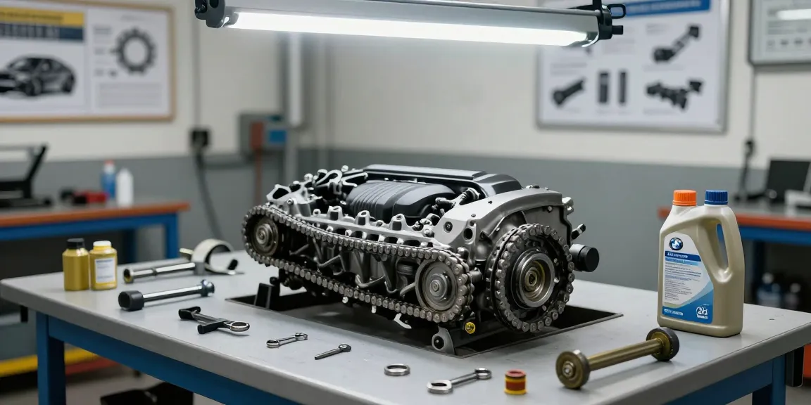 Mechaniker prüft den BMW Steuerkettewechsel in einer gut beleuchteten Werkstatt.
