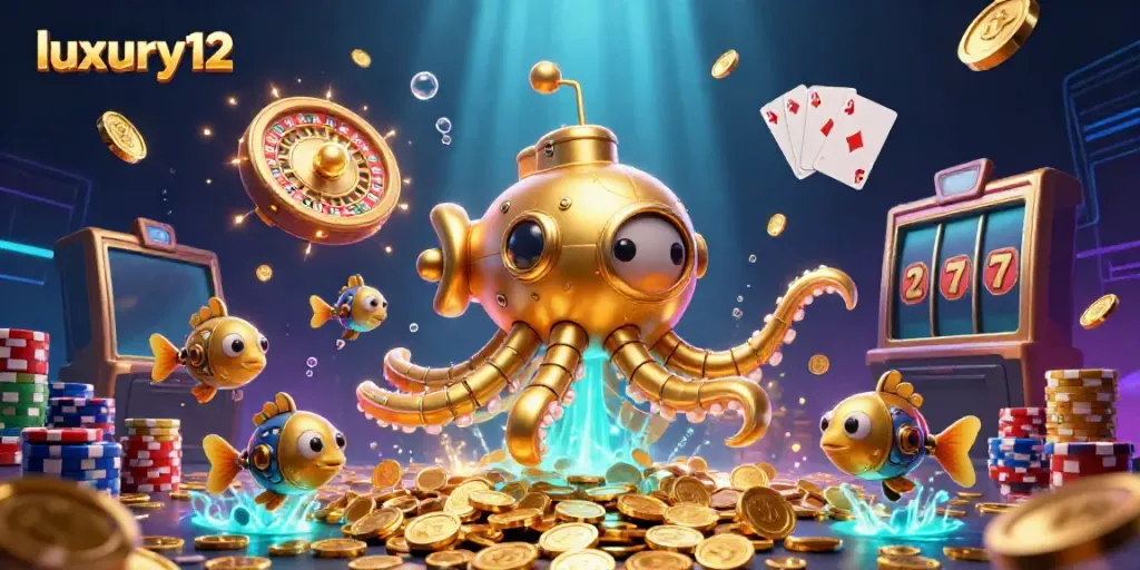 Experience luxury12 with a vibrant, underwater casino scene filled with gold coins and 3D game elements.