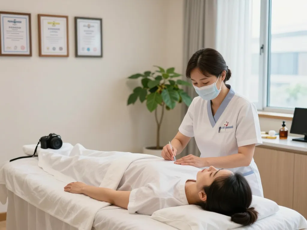 Healing acupuncture session at 수원한의원, showcasing serene treatment room ambiance.